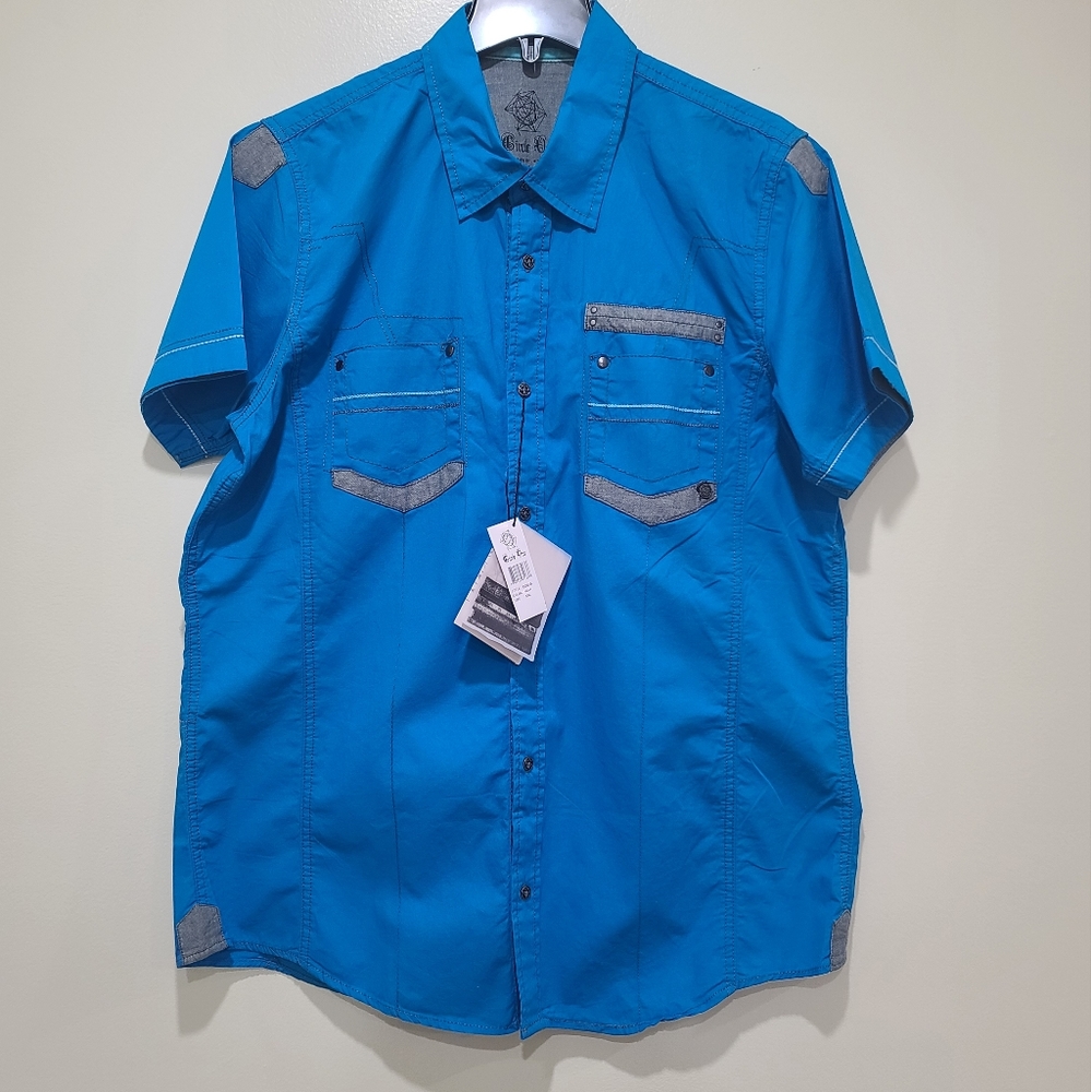 NWT 100% Cotton Aqua and Gray Men's Casual Button-Down Shirt, Size XXL - Picture 13 of 15